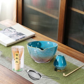 ＫＬＫＣＭＳ 5 Piece Matcha Bowl Set with Spout and Whisk Holder, Japanese Tea Tools, Blue