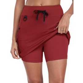 MoFiz Women's 18" Hiking Cargo Skort Athletic Skirt High Waist Golf Dressy Casual Sport Quick Dry Skirt with Zipper Pockets, Red, Medium