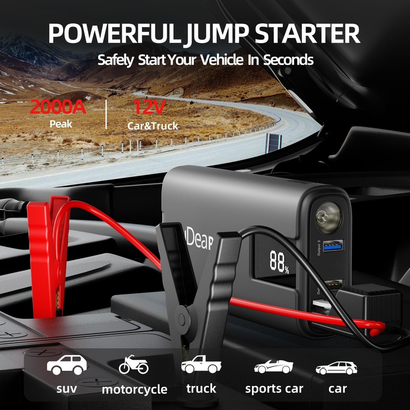 IDEAPLAY J10 Jump Starter, 2000A 12V Car Battery Jump Starter