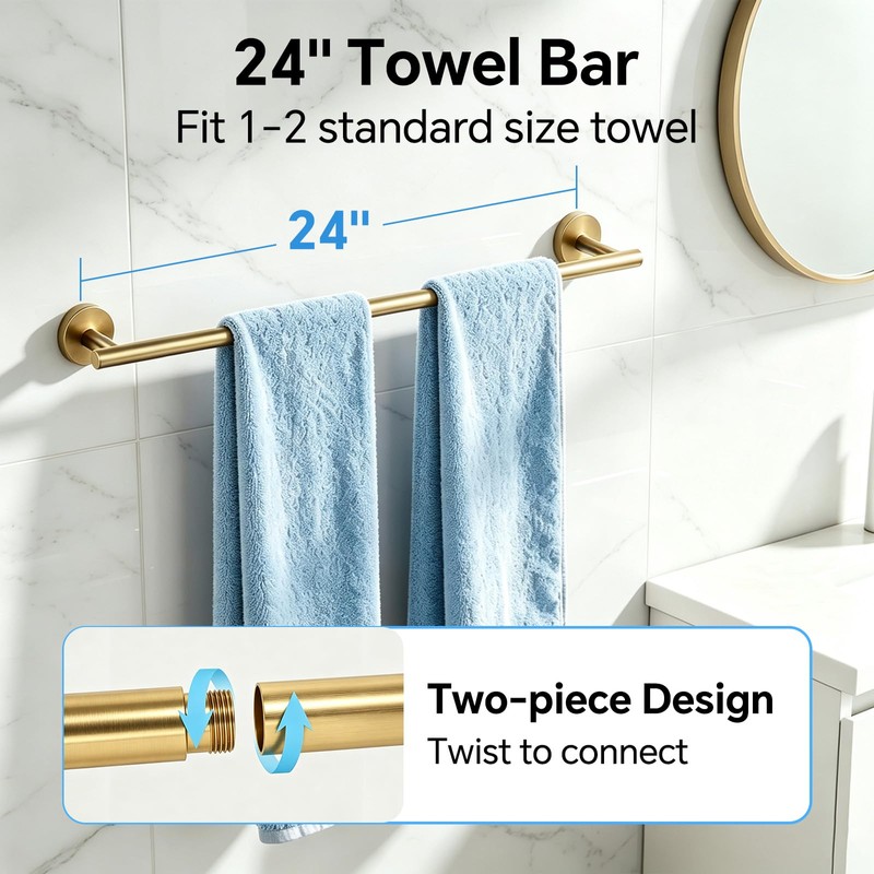 5Pcs Brushed Gold Bathroom Hardware Set, 24in Towel Bar Holder