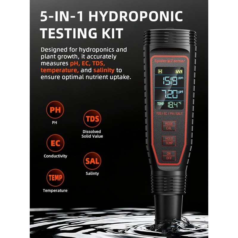 Spider Farmer 5-in-1 Digital pH Meter Kit Pen Tester for