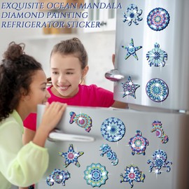 Copkim 16 Pcs Spring Diamond Art Painting Magnets Sea Mandala Refrigerator Magnets Sticker Turtle Ocean Diamond Art Kits for Adults Gift Fridge DIY Decorations