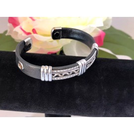 Shameg Solid Copper Leather Wrapped Magnetic Bracelet Men Women Energy Therapy Cuff L17