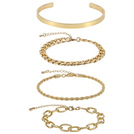 Mikovivi 4pcs Waterproof Link Cuff Herringbone Bracelet, Dainty Stackable Gold Cuff Chain Chunky Gold Layer Bracelets, Chunky Stack Jewelry Cuban Link Paperclip Chain for Women