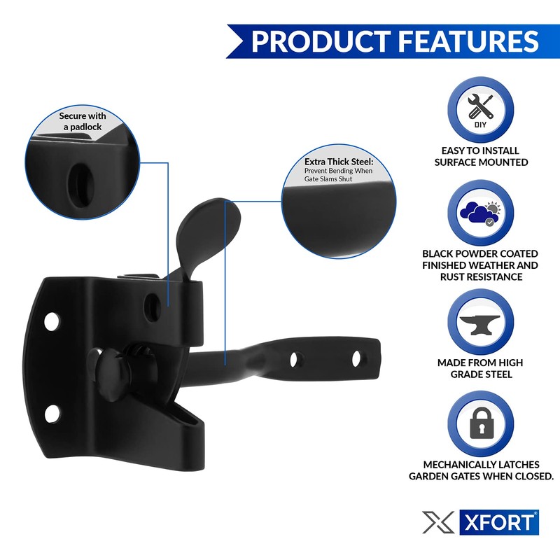 XFORT® Black Auto Gate Latch, Garden Gate Latch, Door Catch,