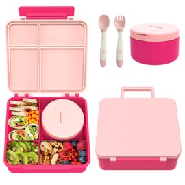 Children's Lunch Box Set with 300 ml Thermal Container for Food, Leak-Proof Lunch Box Children with 4 Compartments, Insulated Lunch Bag, BPA-Free Thermal Lunch Box Children, School, Excursions, Pink
