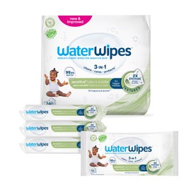 WaterWipes Sensitive+ Baby & Toddler Wipes, 3-In-1 Cleans, Cares, Protects, 99.9% Water, Textured Clean, Unscented & Hypoallergenic, 240 Count (4 Packs)