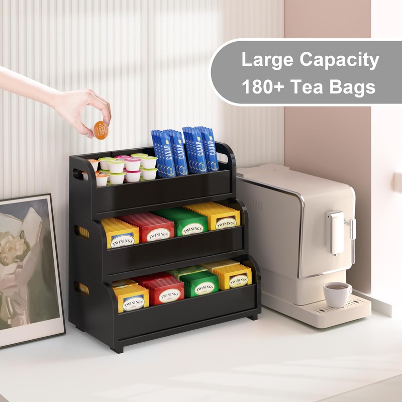 Tea Holder for Tea Bags Organizer - Black Bamboo Tea