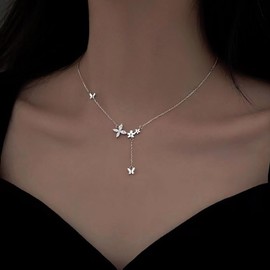 TseenYi Crystal Butterfly Lariat Necklace CZ Butterfy Y Drop Necklace Silver Flower Dangle Lariat Necklace Long Dangle Y Necklace Long Y Drop Chain Necklace Jewellery for Women, Crystal