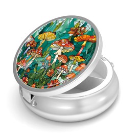 Pill Box, Small Pill Case for Purse & Pocket, Metal Decorative Pill Organizer, Cute Portable Travel Pill Container Holder to Hold Supplements, Vitamins, Fish Oil, BPA-Free(Mushroom Forest)