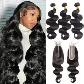 Body Wave Bundles With Closure Human Hair(14 16 18+2X6 Lace Closure 12Inch) Body Wave Bundle With 2X6 Hd Lace Closure With 3 Bundles Human Hair Natural Black