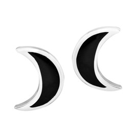 Adorable Simulated Black Onyx Inlay Crescent Moon Shaped .925 Sterling Silver Stud Earrings