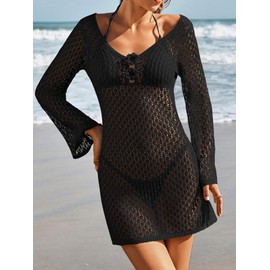 Eomenie Women's Crochet Swimsuit Cover Up Knit Long Sleeve Bathing Suit Coverups 2025 Summer Swimwear Beach Dress Black