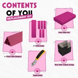 iEsstros 8ft Pool Table Felt and Bumper Kit for Billiard Cloth with Pool Table Bumpers and Cushions Facing, 6 Pcs Cloth Strips and Staple Remover-Pink