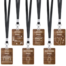 Sabary 6 Sets Hall Pass Lanyards and School Passes Set Unbreakable Wooden Bathroom Passes for Classrooms Hall, Restroom, Library, Office and Nurse School Teacher Supplies Gift (Wood Color)