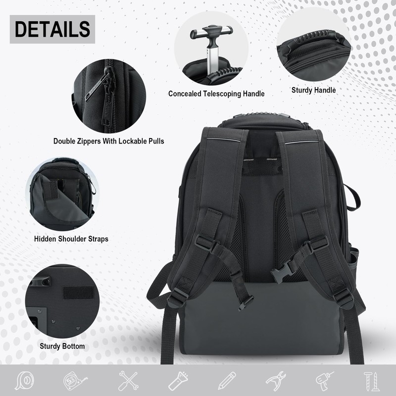 KUNN Tool Backpack with Wheels, Heavy Duty Rolling Tool Bag