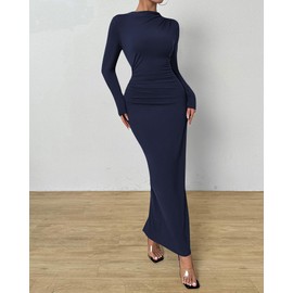 BTFBM Women Bodycon Maxi Dress Long Sleeve Back Slit Ruched Elegant Party Cocktail Formal Fall Wedding Guest Dresses(Navy, Large)