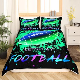 Feelyou Football Bedding Set Twin Size Kids Rugby 3D Ball Comforter Cover Set for Boys Girls Teens Gaming Sports Duvet Cover Green Blue Neon Galaxy Bedspread Cover Football Room Decor Quilt Cover
