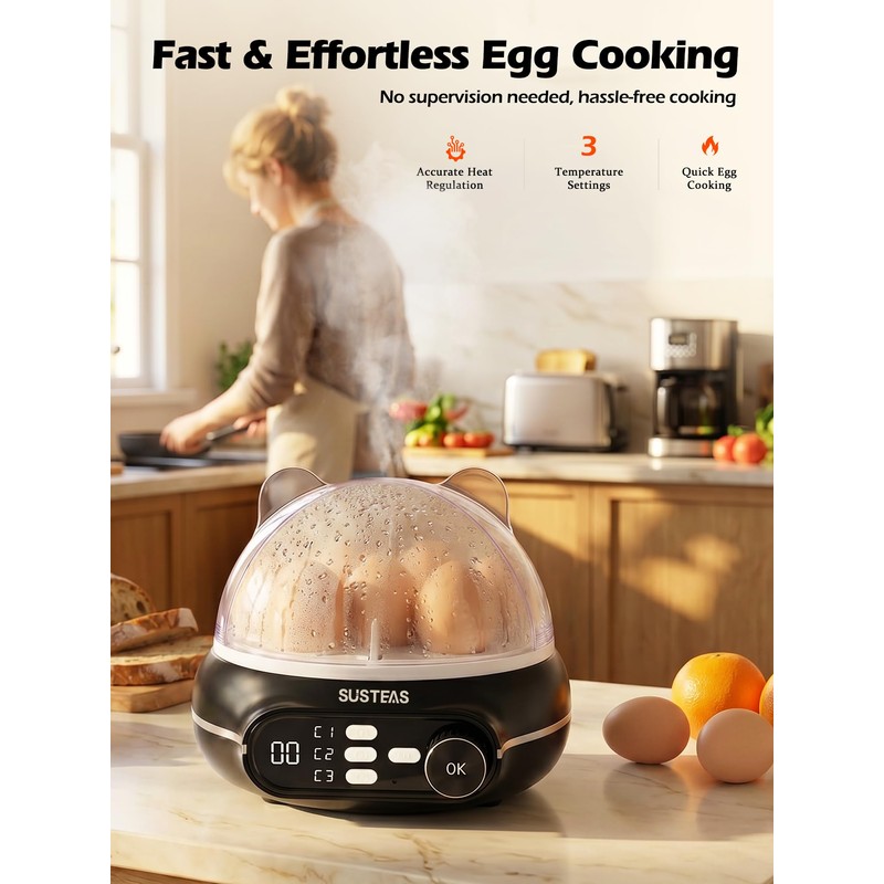 SUSTEAS Rapid Egg Cooker 9 Eggs, Soft, Medium, Hard Boiled,