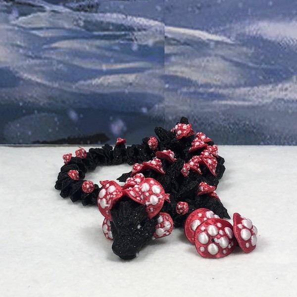 Generic Articulated Musroom Dragon, 12"" 3D Printed Black and Red