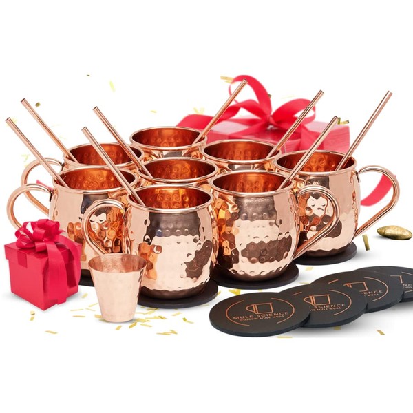 [Gift Set] Mule Science Moscow Mule Mugs Set of 8 (16oz) | Solid Barrel 100% Copper Mugs Set w/ 8 Straws, 8 Coasters & 1 Shot Glass | Handcrafted Tarnish-Resistant Food Grade Lacquer Coat