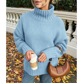 PRETTYGARDEN Women's 2025 Fall Oversized Sweaters Turtleneck Casual Long Sleeve Chunky Knit Pullover Tops Winter Clothes (Light Blue,Medium)