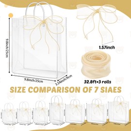 LEIFIDE 32 Pcs Clear Plastic Gift Bags with Handles and Champagne Ribbon PVC Reusable Tote Bags for candy goodie snack Wedding Baby Shower Birthday Party Favor(9.8 x 9.8 x 3.54 Inch)
