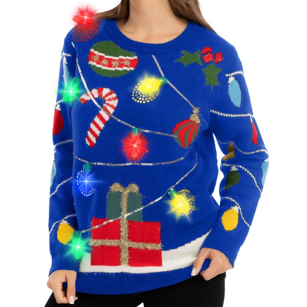 JOYIN - Suéter feo de cadena de luces azules con foco, novedoso suéter de manga larga con luz LED con patrón de Navidad a rayas