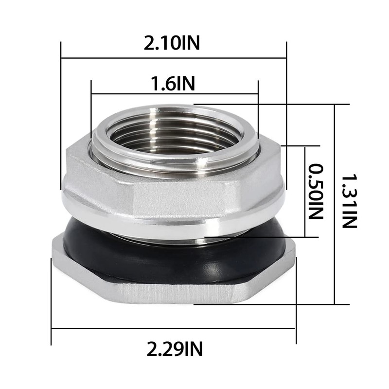 Beduan 1" Female Bulkhead Water Tank Connector Stainless Steel Thru-bulk