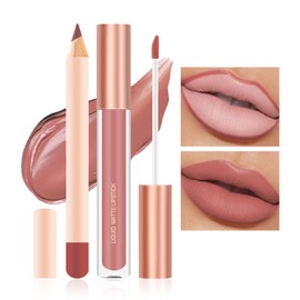 Prreal 2 Pieces Lip Liner and Lipstick Makeup Set, Matte Liquid Lipstick + Matching Lip Liner, Nude Velvety Lipstick Makeup Kit Gift Set, Waterproof Long Lasting Labiales Mate 24 Horas Original (07)