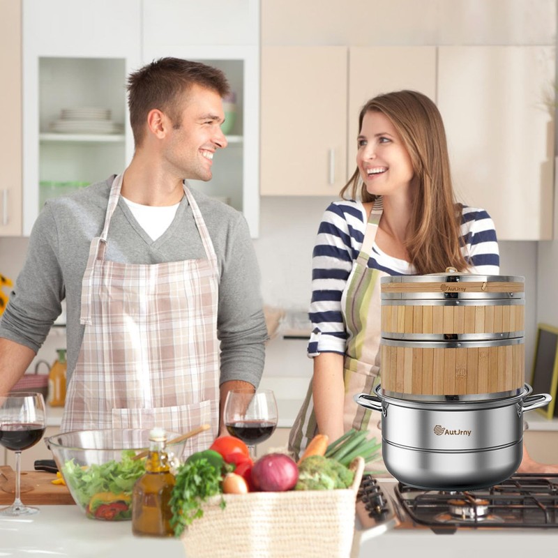 AutJrny 11.8-Inch Vertical Bamboo Steamer Basket, 2-Tier with Stainless Steel
