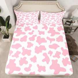 Erosebridal Kid Cartoon Sheet Set Pink Cow Print Bed Sheets Full,Milk Cow Animal Cowhide Fitted Sheet Western Animals Flat Sheet for Toddler Teen Boys Girls Farmhouse Bull Cattle Kawaii Room Decor