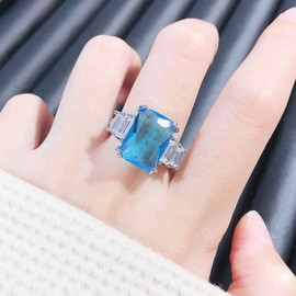 Koguxuix Moissanite Diamond Ring for Women 925 Sterling Silver Shiny Huge CZ Crystal Gemstone Open Adjustable Wedding Ring (Blue)