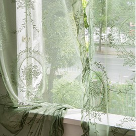 Lavyhuno Lace Curtains 63 Inches Length for Kitchen Nursery Room 2 Panels, Farmhouse Florals Embroidery Sheer Privacy Drapes for Christmas Decor Window Treatments Rod Pocket, W57 X L63 Olive Green
