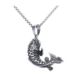 PAMTIER Unisex Vintage Lucky Sign Chinese Koi Carp Cyprinoid Fish Amulet Pendant Necklace Asian Art Animal Charm Silver with Chain