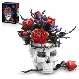 chanbrick Skull Roses Flowers Building Set for Adults, Gothic Horror Skeleton with Red Bouquet Botanical Collection Home Art Decor Gift for Women Girls Red