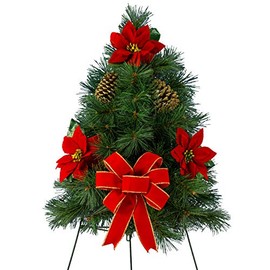 Artificial Christmas Tree Memorial Decoration - with Poinsettias and Pine-Cones and a Hand-Tied Red Bow - 30 inches Tall with a Tripod Metal Easel
