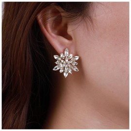 Inateannal Vintage Crystal Flower Earrings Floral Cluster CZ Earrings Gold Rhinestone Stud Earrings Large CZ Crystal Petal Earrings Jewellery for Women and Girls