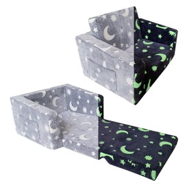 Ordicoeur Glow in The Dark Toddler Sofa Chair - 2-in-1 Convertible Kids Recliner with 25D High-Density Foam, Foldable Baby Floor Bed for Boys & Girls, Soft Machine-Washable Sofa for Playroom & Camping