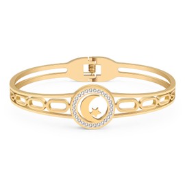 WEVENI Cute Moon Star Bracelet Cuff Bangle 18K Gold Stainless Steel Moon Star Jewellery Charms for Women Mom Friendship Couples, Stainless Steel, Zircon gemstone.