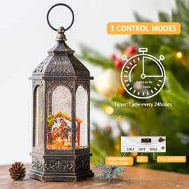 Christmas Snow Globe Lighted Manger Nativity Scene, Musical Water Lantern Play Silent Night Music in Swirling Glitter, for Home, Battery Operated or USB Powered