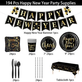 Happy New Year Eve Party Supplies Nye Decorations 2025 Tableware, New Years Plates and Napkins Disposable, 194 Pcs Happy New Year Banner Paper Plates, Napkins, Cups, Tablecloth Serve 24