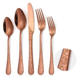 A · HOUSEWARE Vintage Flatware Copper/Rose Gold Floral Silverware 30 Piece Stainless Steel Set for 6 Cutlery Utensils Unique Embossed Pattern Design Elegant Home Kitchen Restaurant Festival Parties…
