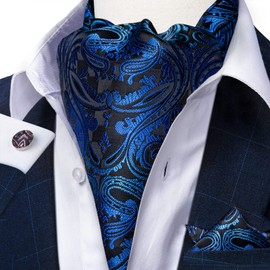 DiBanGu 4 gemelos cuadrados Ascot para hombre, jacquard Cravat Ascot con bolsillo de corbata con pin de solapa floral, Paisley azul real, Talla única