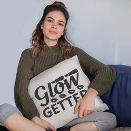 Glow Getter w/Lipsticks & Lips Design - Beauty Themed Merch for Makeup Artist or Cosmetologist, Gift for Makeup Lovers, Pillow Cover, White 18X18 in