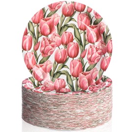 Havawish 100 Pcs Wedding tulip Round Paper Plates 7 Inches Summer Paper Plates Disposable Spring Floral Party Decorations for Picnic Dessert Tea Party Bridal Shower Birthday Wedding Anniversary