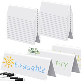Fainne 50 Sets Reusable Name Tent Cards with Black Markers Dry Erase Name Tent Cards Wipe Clean Desk Name Tags Classroom Guest Name Plate for Weddings, White, 8.66 x 2.75 x 1.9 Inches