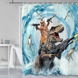 Grtuspr Funny Cat Shower Curtain Set, Cute Cat Riding Dinosaur Theme Ocean Curtains for Bathroom Fun Nautical Kids Decor Polyester Fabric Restroom Curtains