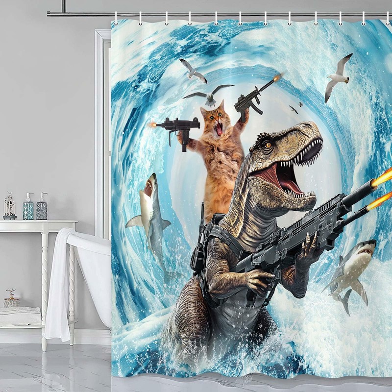 Grtuspr Funny Cat Shower Curtain Set, Cute Cat Riding Dinosaur