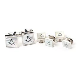 The Masonic Collection - Mother of Pearl Cufflinks & Shirt Studs - Rhodium Plated Silver - Supplied in Cufflink Box/Velvet Pouch - A Useful Gift Accessory for Masonic Stone, Stone